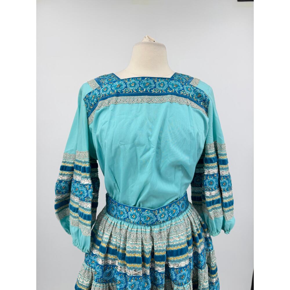 Vintage 70s Desert Flower Turquoise Western Top Circle Skirt Festival Prairie - Picture 3 of 16